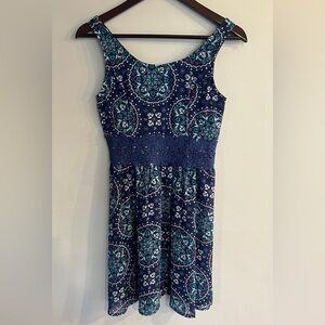 Xhilaration Women’s Blue Boho Print Sleeveless Crochet Detail Dress Size S